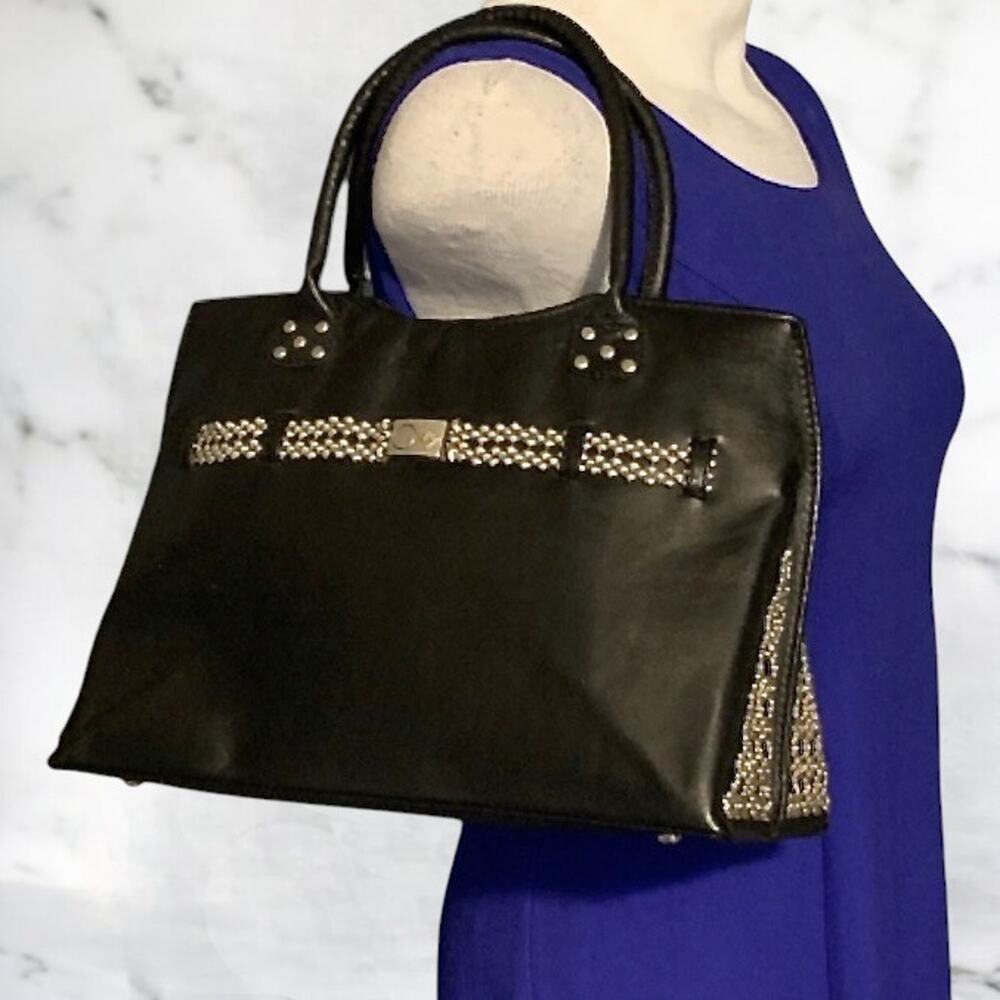 Vintage Sergio Gutierrez SG Liquid Metal Black Leather Satchel Italy Silver Mesh